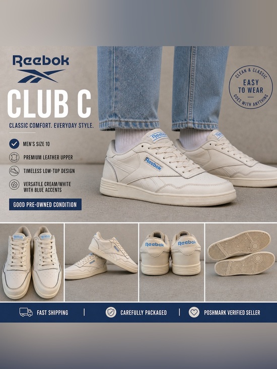 Reebok Other - Reebok Club C Style Sneakers Cream White Blue Logo Size 10 Men
